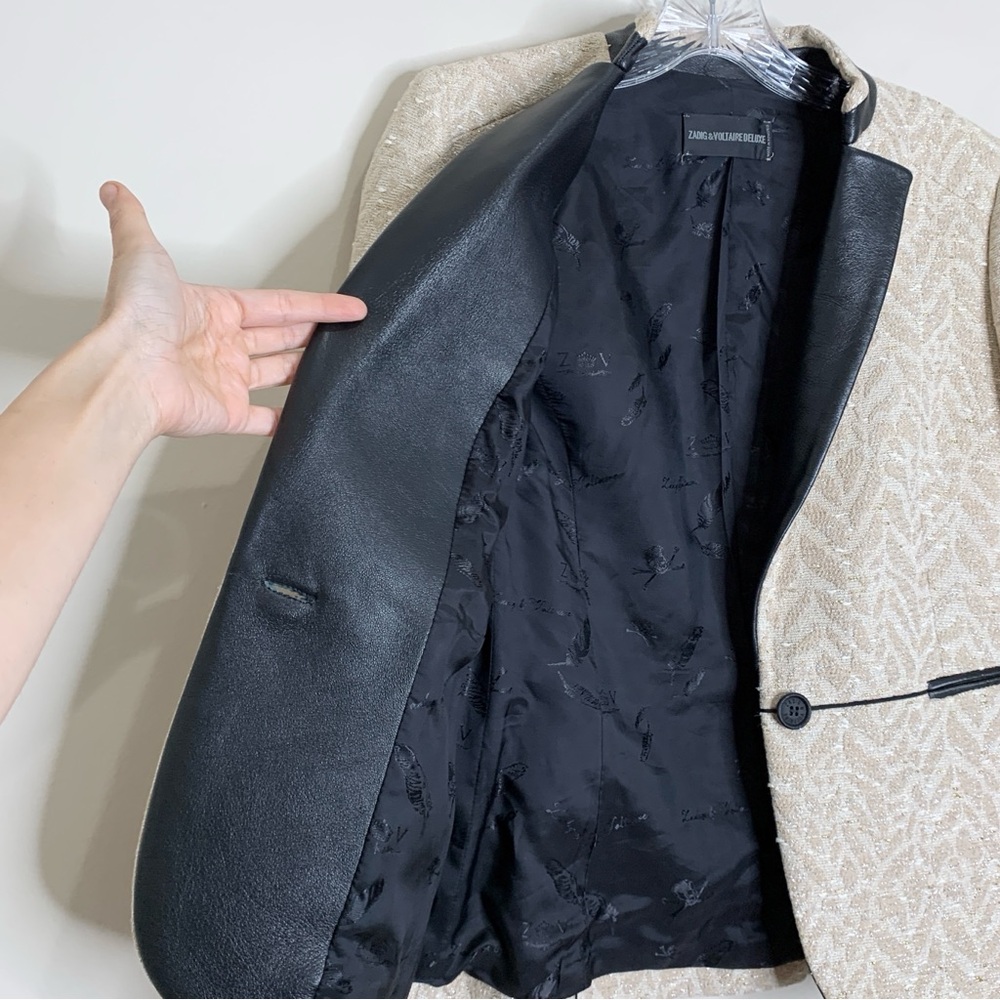 Zadig & Voltaire Victana Deluxe Blazer (Sz FR 36) Leather Trim Metallic Jacquard - Picture 11 of 16